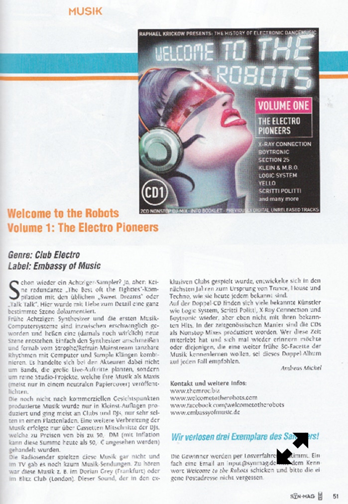 Welcome To The Robots, MUSIK | SYNTHESIZER MAGAZIN | AUGUST 2012, Welcome To The Robots – Volume 1