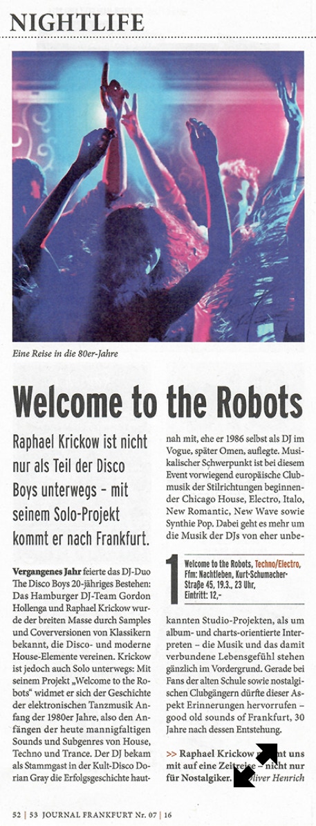 Welcome To The Robots, NIGHTLIFE | JOURNAL FRANKFURT | MÄRZ 2016, Welcome To The Robots 
